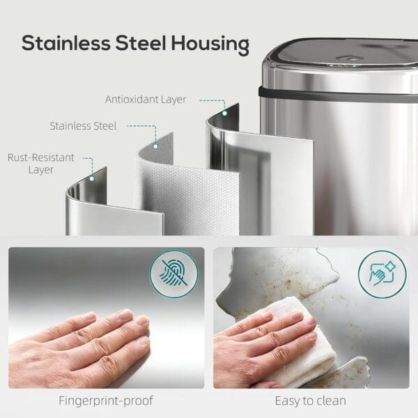 HOMCOM 50L Sensor Bin with Soft-Close Lid Automatic Kitchen Bin Silver Tone Electronic Touchless Motion Sensor