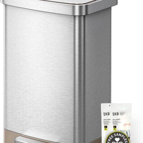 EKO Hudson Matte Stainless 50 Liter/13.2 Gallon Step Trash Can with Rear Trash Bag Storage Compartment
