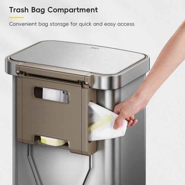 EKO Hudson Matte Stainless 50 Liter/13.2 Gallon Step Trash Can with Rear Trash Bag Storage Compartment